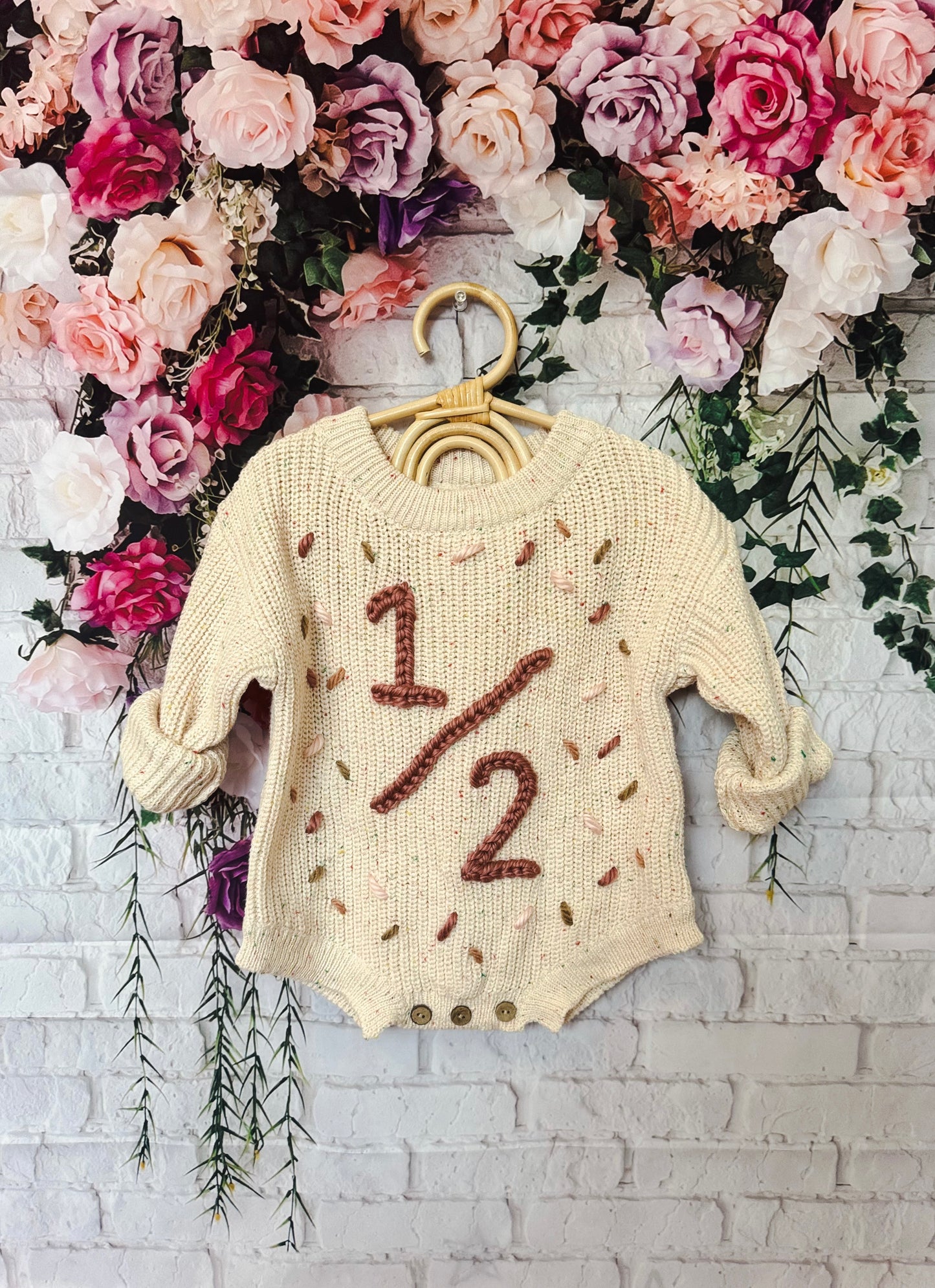 Personalized Hand Embroidered Baby Half Birthday Knit Romper