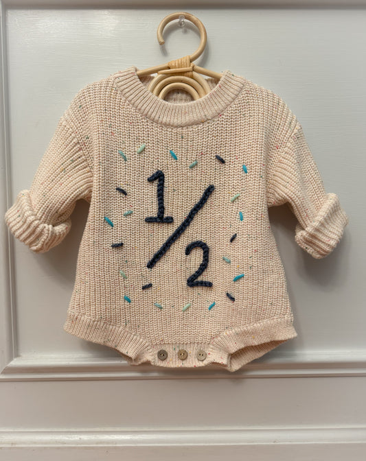 Personalized Hand Embroidered Baby Half Birthday Knit Romper