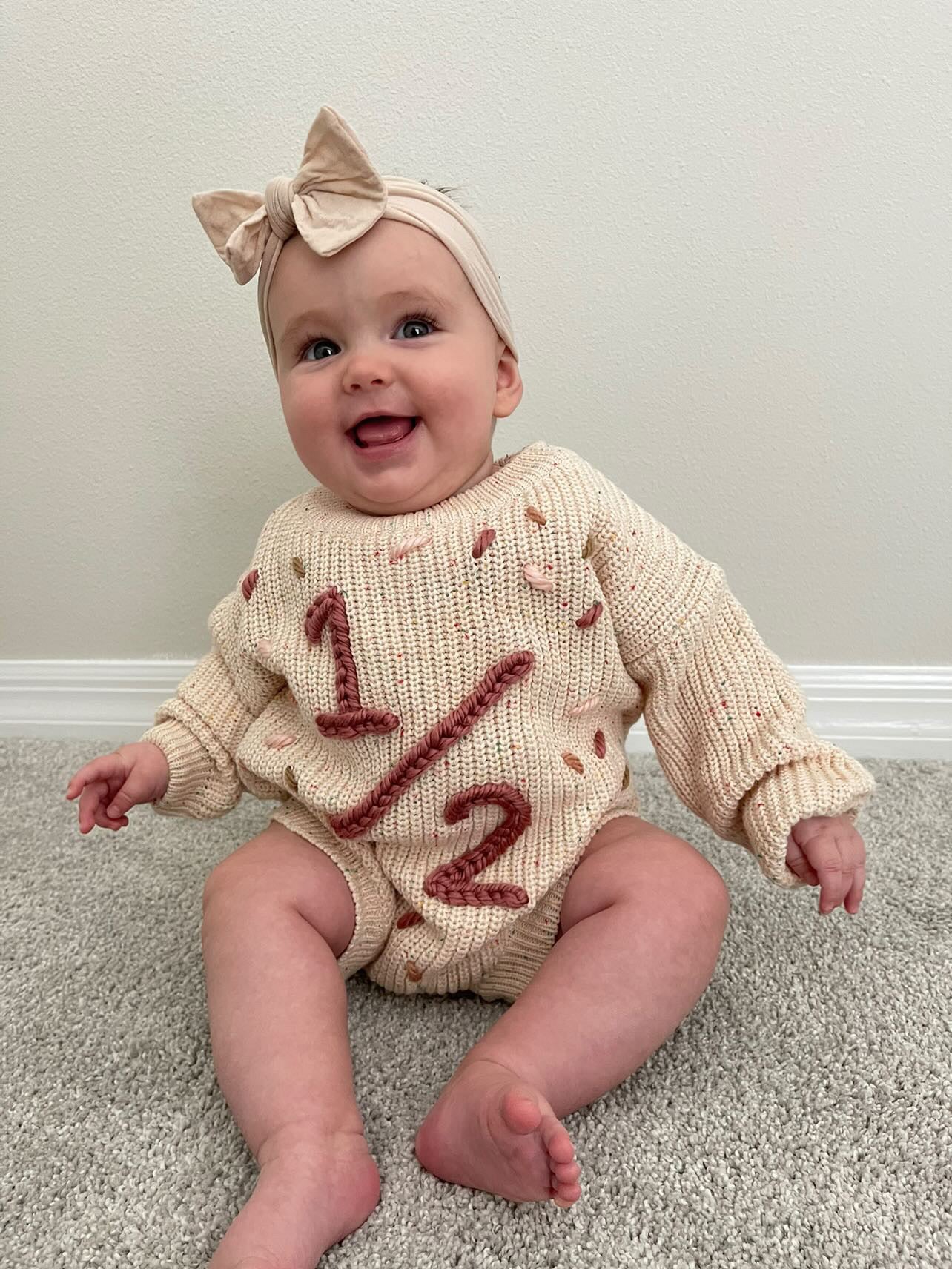 Personalized Hand Embroidered Baby Half Birthday Knit Romper