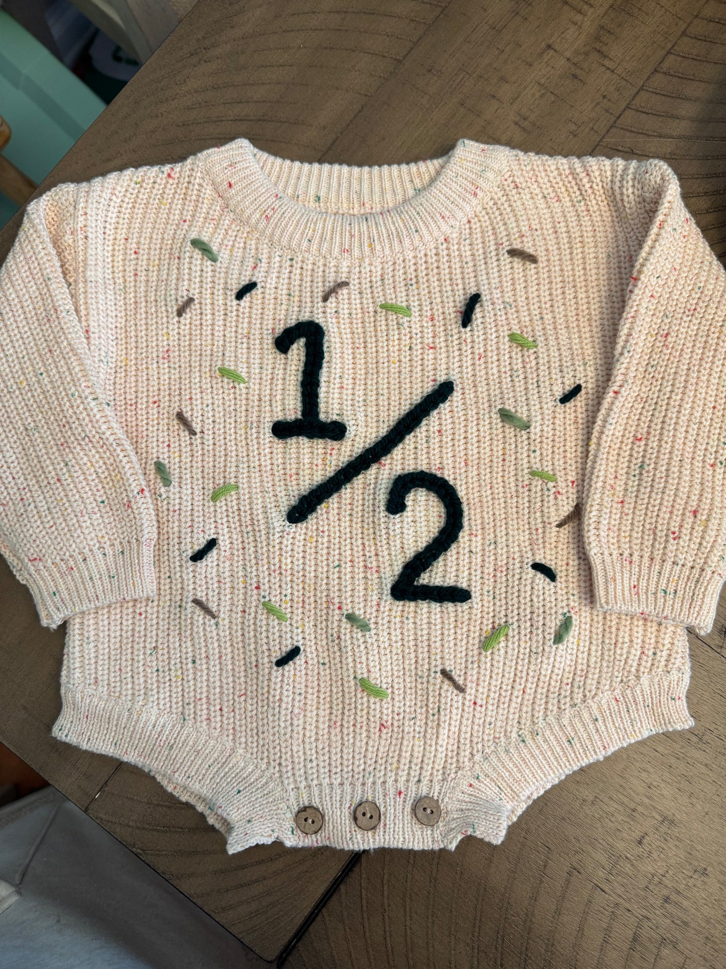 Personalized Hand Embroidered Baby Half Birthday Knit Romper