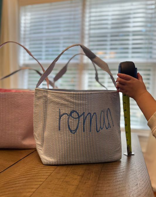 Hand embroidered name Easter basket BLUE seersucker