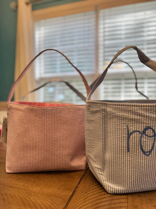 Hand embroidered name Easter basket PINK seersucker