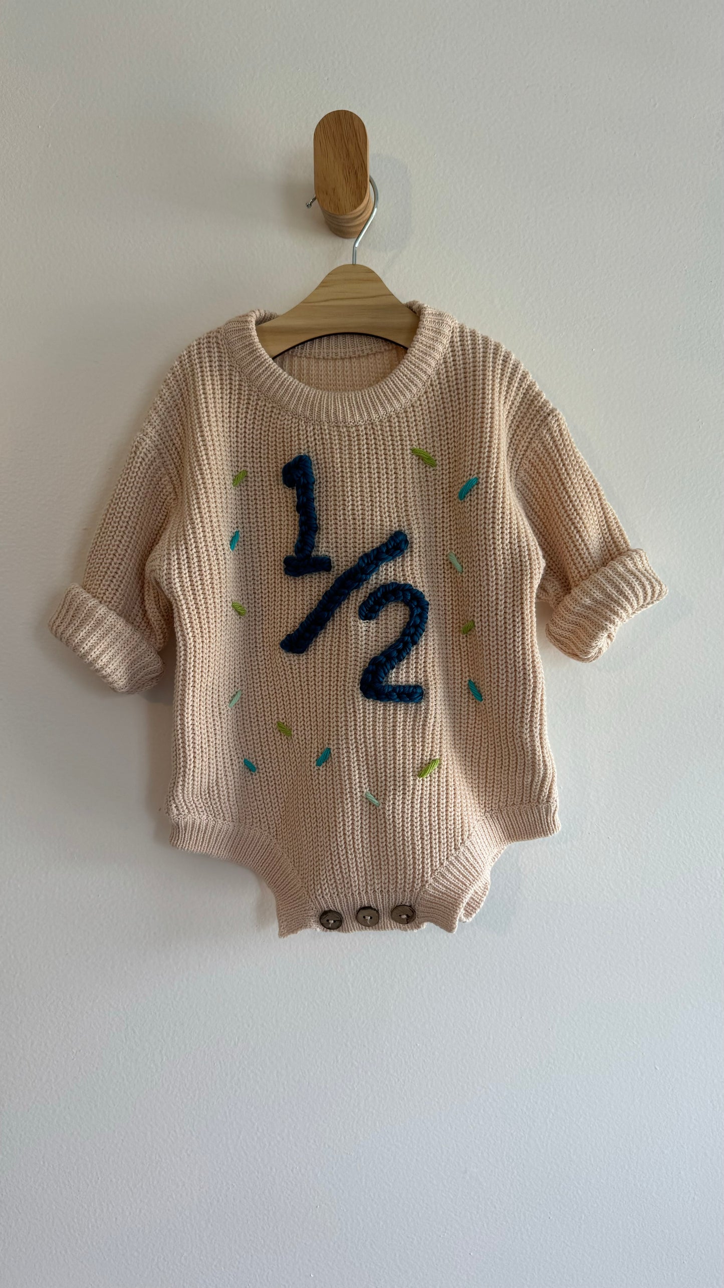 Personalized Hand Embroidered Baby Half Birthday Knit Romper