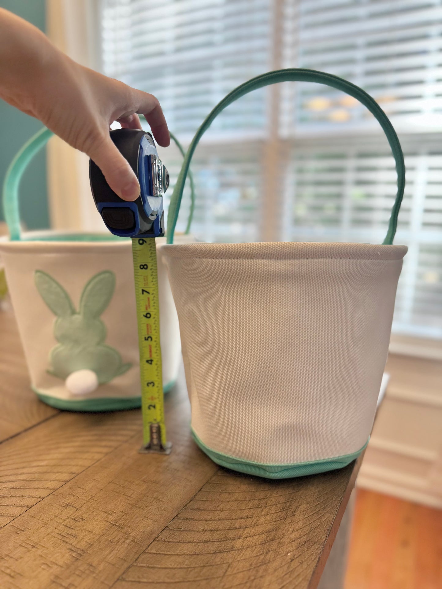 Hand embroidered name Easter bunny basket (blue)